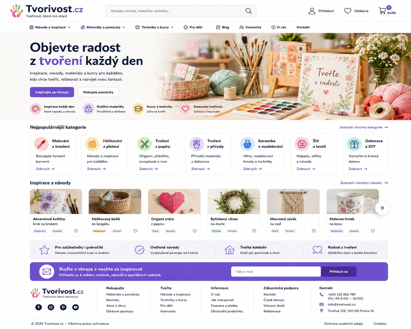 Ilustrační návrh Tvorivost.cz s výtvarnými pomůckami a fialovými akcenty
